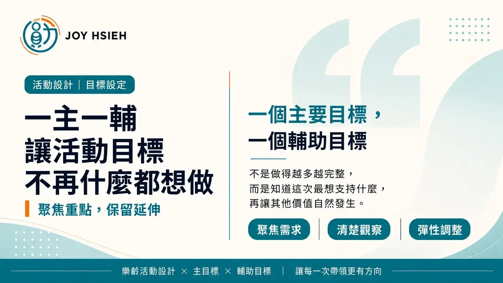 一主一輔樂齡活動目標設定的雙欄文字封面，聚焦需求、清楚觀察與彈性調整