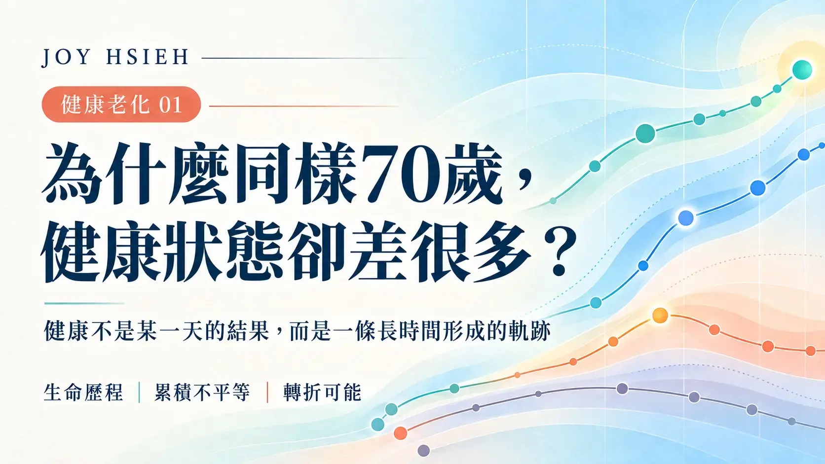 健康老化系列封面，以多條不同起點與轉折的抽象軌跡呈現生命歷程與累積不平等